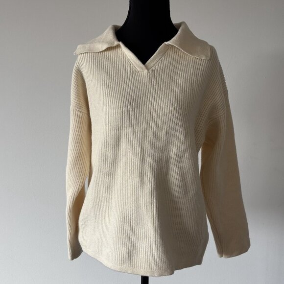Lucca Women’s V Neck Sweater Polo Collar Size XS Beige Academia Neutrals Capsule - Picture 2 of 14